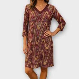 Sandra Darren Suede Trim V Neck Long Sleeve Dress Size 10